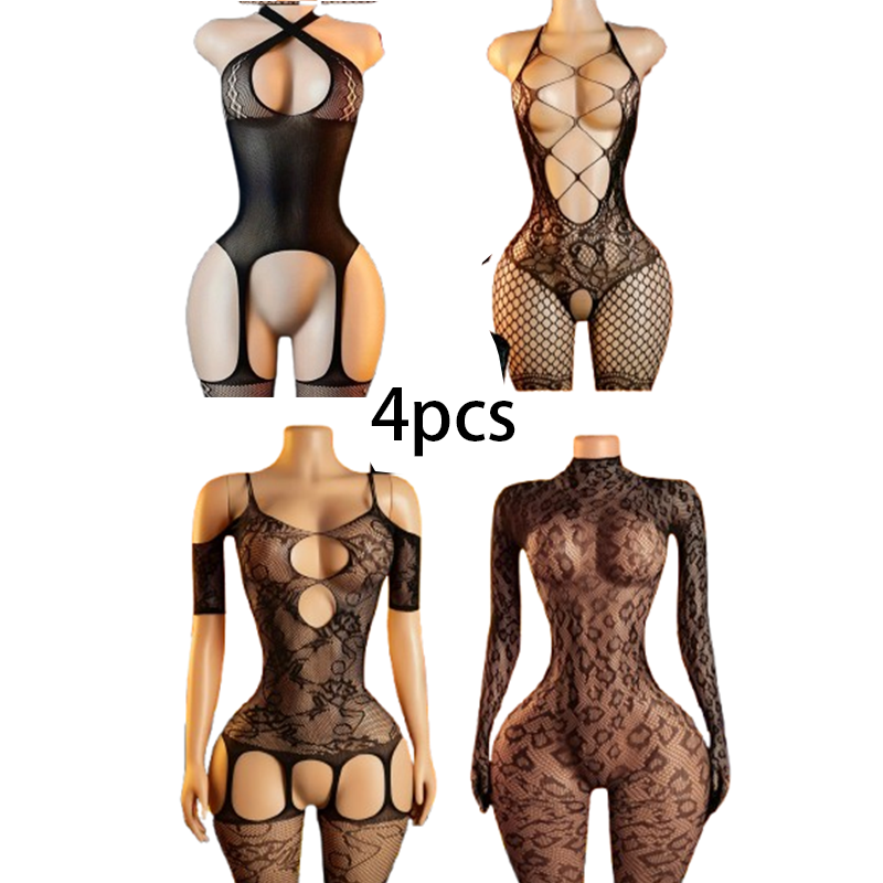 4-Piece Sexy Lingerie Set: Wom - Bodystocking Fishnet 评论和价格
